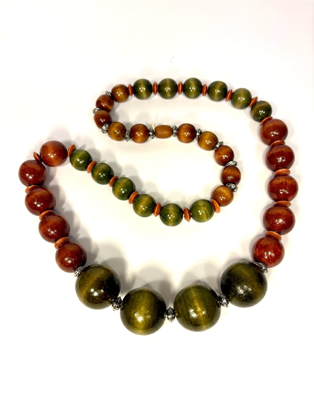 Wood Bead Necklace and Bracelet Set in Olive Green and Warm Brown